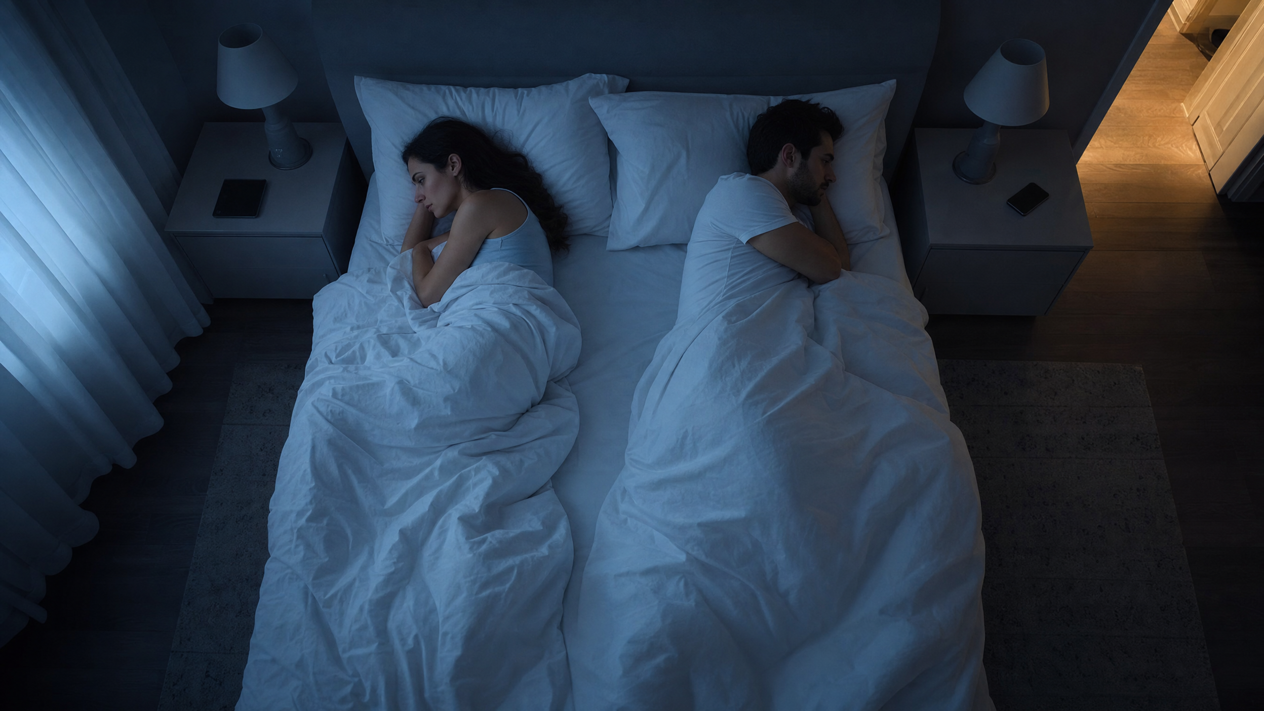 Couple lying apart in bed at night in emotional distance