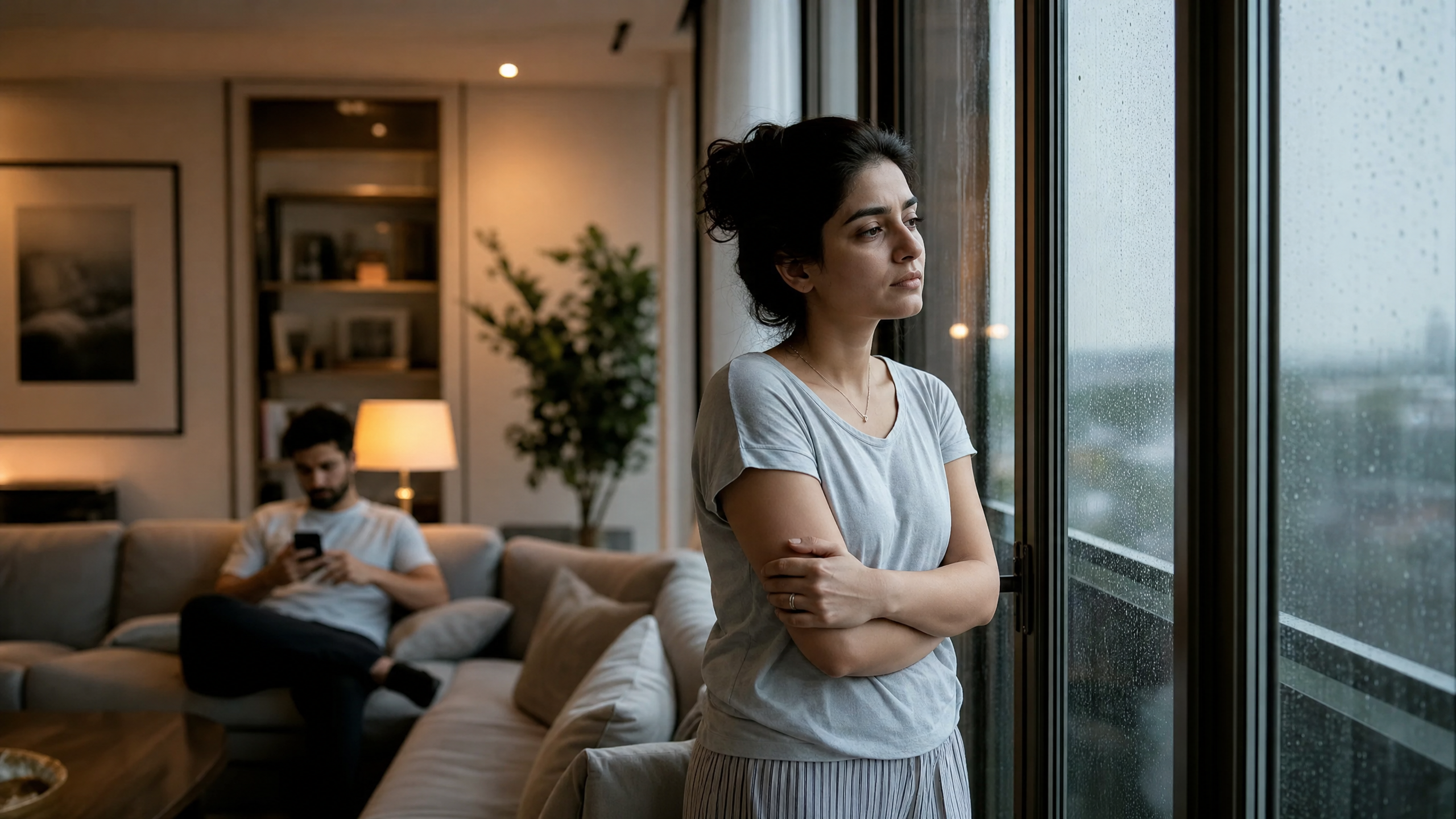 Woman alone at window while man sits disconnected